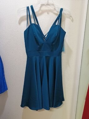 Dave & Johnny Teal Double-Strap Fit-and-Flare Mini Dress